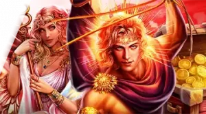 Изображение мифологических фигур, рекламирующих турнир Blitz Spinomenal в Kent на фоне яркого света и сокровищ.