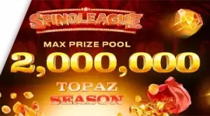 Изображение, рекламирующее турнир Spinoleague Topaz Season в Kent с призовым фондом в 2 миллиона евро на фоне огненной сцены.